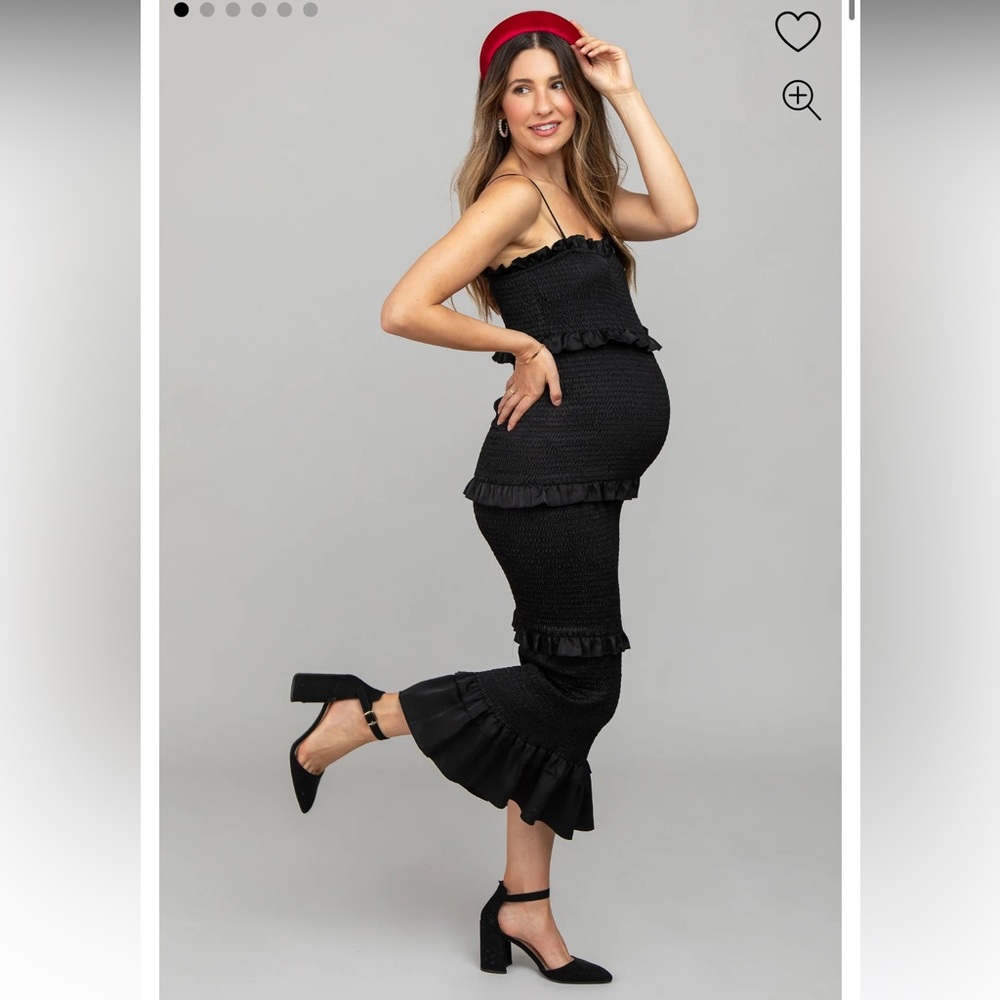 Pinkblush Black Satin Smocked Fitted Maternity Midi Dress, small, post maternity